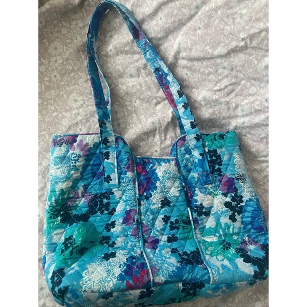 Vintage Quilted Floral Blue and Purple Mini Tote Bag with Double Straps